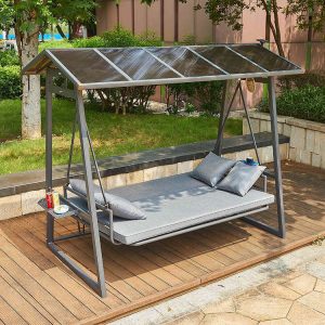 Xích đu sân vườn 4 chỗ ngồi, khung nhôm, mái che, nệm xám, đặt ngoài trời