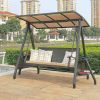 Xích đu sân vườn 3 chỗ khung sắt, mái che, nệm ngồi và gối caro, phù hợp ngoài trời