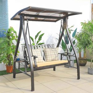 Xích đu ngoài trời 2 chỗ có mái che, nệm ngồi và gối tựa, khung sắt chắc chắn, phù hợp sân vườn ban công