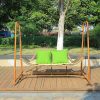 Xích đu sân vườn 2 chỗ khung sắt dây đan, nệm be gối xanh lá, đặt ngoài trời