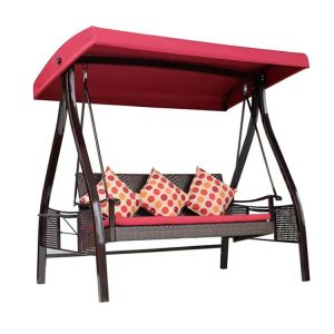 Xích đu sân vườn 3 chỗ mái che đỏ, nệm đỏ, gối chấm bi nổi bật