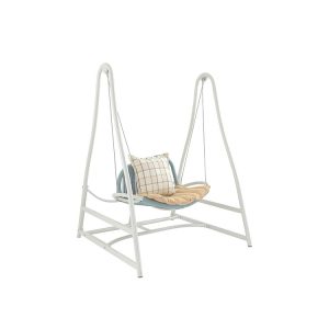 Ghế xích đu ngoài trời khung nhôm, dây rope xanh nhạt, nệm be, gối caro, phong cách hiện đại