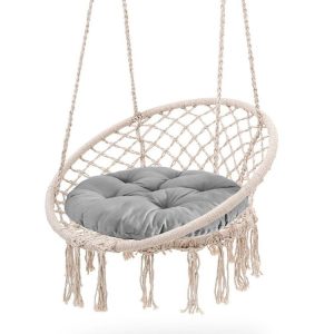 Ghế xích đu treo ngoài trời đan dây thừng cotton màu kem, nệm tròn màu ghi