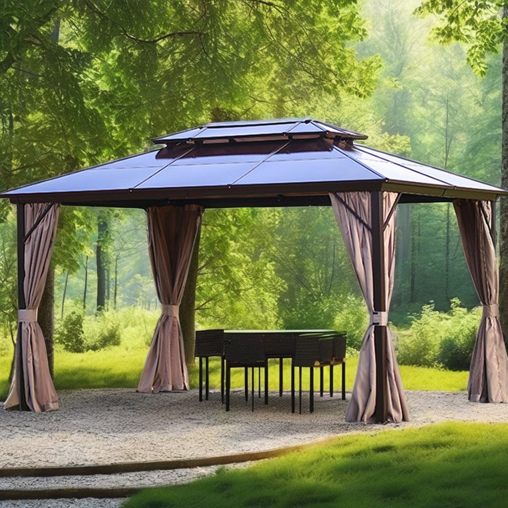 Lều gazebo ngoài trời khung nhôm, mái 2 tầng, lắp đặt giữa sân vườn, bên trong có bộ bàn ghế