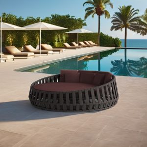 Giường tắm nắng ngoài trời tròn hiện đại đặt cạnh hồ bơi, khung nhôm đan dây rope, nệm dày màu nâu sang trọng