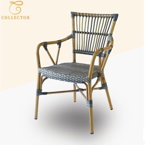 Ghế ăn ngoài trời khung nhôm sơn giả tre, đan dây nhựa giả mây màu xám hiện đại