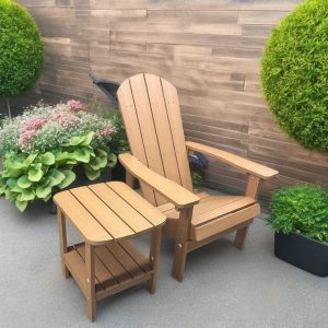 Bộ ghế Adirondack ngoài trời màu vân gỗ kèm bàn phụ, thích hợp sân vườn, ban công