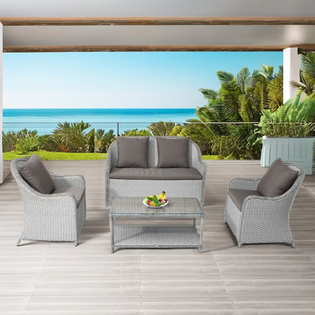 Bộ sofa sân vườn 4 món nhựa giả mây màu xám, gồm sofa đôi, 2 ghế đơn và bàn kính, phù hợp ban công, sân vườn