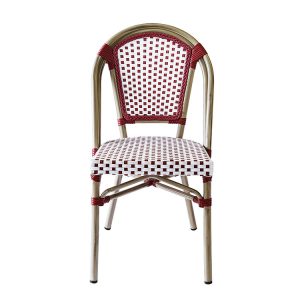 Ghế sân vườn nhôm giả tre đan dây nhựa đỏ trắng nhìn trực diện