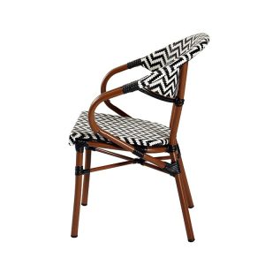 Ghế ngoài trời nhôm giả gỗ, đan nhựa zigzag, góc nhìn ngang