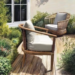 Ghế ngoài trời gỗ teak, đan dây nhựa giả mây, nệm dày êm ái đặt sân vườn