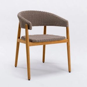 Ghế ăn ngoài trời khung gỗ teak, đan dây nhựa giả mây màu nâu, thiết kế Bắc Âu