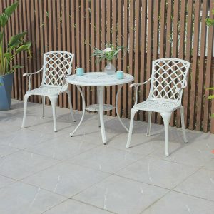 Bộ bàn ghế sân vườn nhôm đúc 3 món, hoa văn lưng ghế chữ X đẹp mắt
