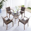 Bộ bàn ghế ngoài trời 5 món với bàn tròn mặt kính, 4 ghế nhôm đan dây nhựa giả mây, phù hợp sân vườn, ban công.