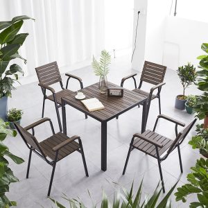 Bộ bàn ghế ngoài trời 4 ghế 1 bàn, thiết kế tối giản, chất liệu nhôm và nhựa giả gỗ