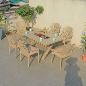 Bộ bàn ghế ngoài trời 6 ghế nhôm đúc, bàn chữ nhật có bếp nướng, phù hợp sân vườn rộng