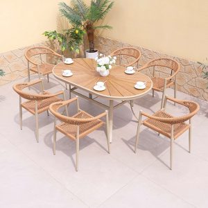 Bộ bàn ghế ngoài trời 7 món mặt bàn oval, ghế nhôm đan dây mây cho sân vườn, ban công