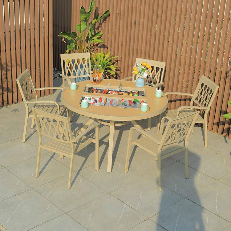 Bộ bàn ăn ngoài trời 6 ghế nhôm đúc, thiết kế hiện đại, bàn tròn có bếp nướng BBQ