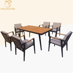 Bộ bàn ghế sân vườn 6 ghế 1 bàn, khung nhôm sơn tĩnh điện, mặt bàn gỗ, nệm màu ghi