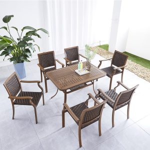 Bộ bàn ghế sân vườn 7 món nhôm giả gỗ mặt nhôm, phong cách truyền thống