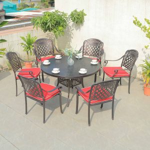 Bộ bàn ghế ngoài trời nhôm đúc 6 ghế 1 bàn tròn, nệm đỏ, phù hợp sân vườn