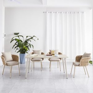 Bộ bàn ghế sân vườn 6 ghế đan dây rope bản lớn, nệm ngồi êm ái, phong cách hiện đại