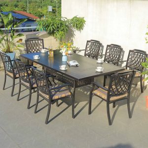 Bộ bàn ghế sân vườn nhôm đúc 8 ghế lưng nan chéo, bàn chữ nhật lớn, phù hợp nhà hàng ngoài trời