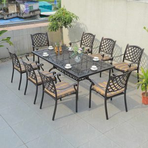 Bộ bàn ăn ngoài trời 9 món nhôm đúc, nệm sọc vàng xám, phù hợp sân vườn