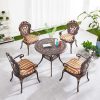 Bộ bàn ghế ngoài trời nhôm đúc mặt tròn hoa văn, 4 ghế nệm sọc, phù hợp sân vườn