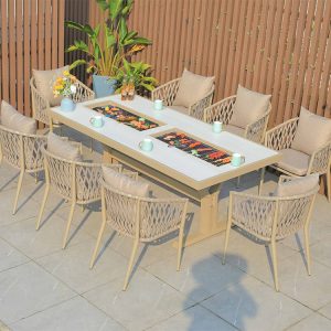 Bộ bàn ghế ngoài trời 7 món, ghế đan dây rope, bàn dài có bếp nướng BBQ, phù hợp sân vườn hiện đại