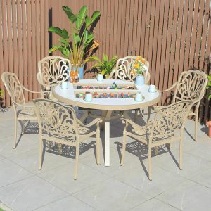 Bộ bàn ghế sân vườn nhôm 6 ghế lưng hoa văn uốn lượn, bàn tròn có bếp nướng BBQ