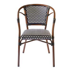 Ghế giả mây sân vườn Pháp, đan caro trắng đen, khung giả tre