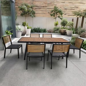 Bộ bàn ghế sân vườn 6 ghế 1 bàn dài, chất liệu nhôm và gỗ, phù hợp không gian ngoài trời