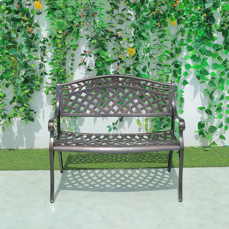 Ghế dài sân vườn nhôm đúc nhìn trực diện, phong cách tân cổ điển