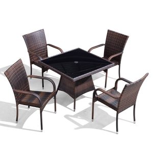 Bộ bàn vuông kính đen và 4 ghế giả mây cho sân vườn, quán cà phê