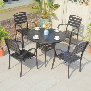 Bộ bàn ghế cafe ngoài trời nhôm 4 ghế, bàn tròn, phong cách tối giản, sân vườn