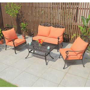 Bộ bàn ghế ngoài trời nhôm đúc, nệm cam nổi bật, phù hợp sân vườn biệt thự