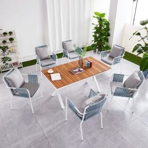 Bộ bàn ghế ngoài trời 6 ghế có nệm ghi xám, phù hợp quán cafe, sân vườn