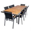 Bộ bàn ăn ngoài trời 8 ghế, bàn dài mở rộng, khung nhôm mặt gỗ teak
