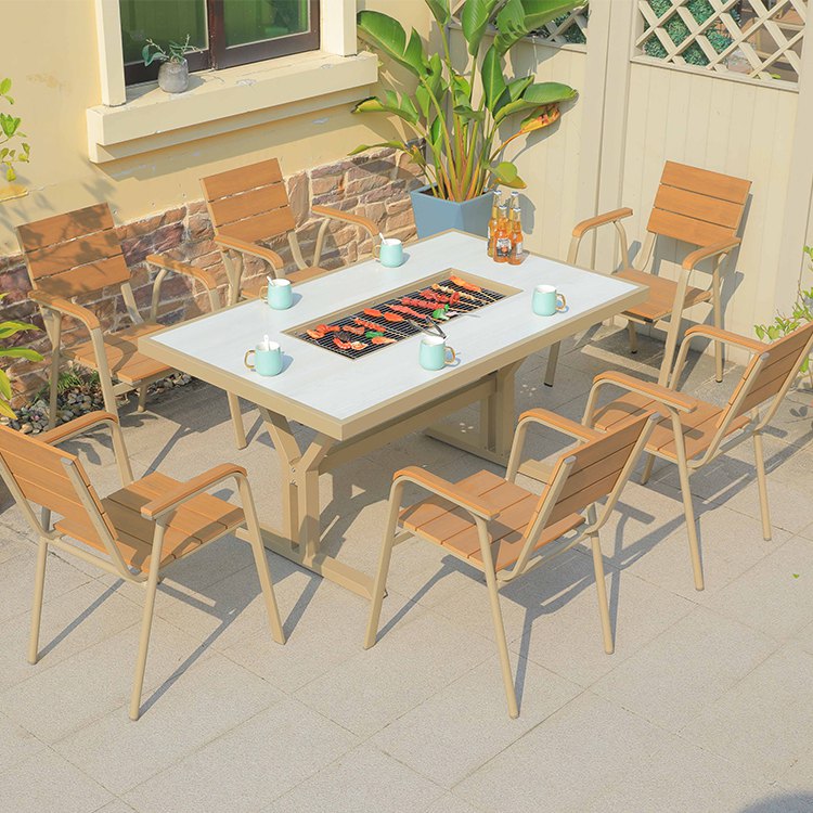 Bộ bàn ghế ngoài trời 7 món khung nhôm, ghế nhựa giả gỗ, bàn chữ nhật có bếp nướng