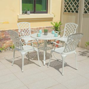 Bộ bàn tròn và 4 ghế nhôm đúc ngoài trời, phù hợp sân vườn, ban công