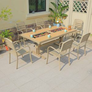 Bộ bàn ăn ngoài trời 6 ghế nhôm màu be, bàn dài có bếp nướng BBQ tiện lợi