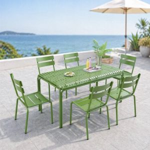 Bộ bàn ghế ngoài trời nhôm màu xanh lá, 6 ghế đơn, phong cách trẻ trung, hiện đại