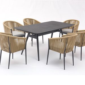Bộ bàn ghế sân vườn 6 ghế 1 bàn, khung nhôm, dây đan, mặt bàn màu tối