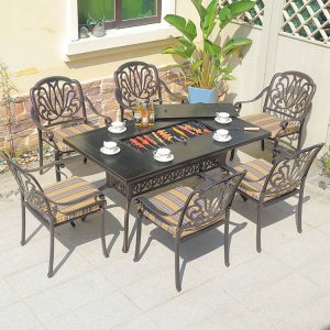 Bộ bàn ghế sân vườn 6 ghế nhôm đúc họa tiết lá, bàn chữ nhật có bếp nướng, nệm sọc vàng xanh