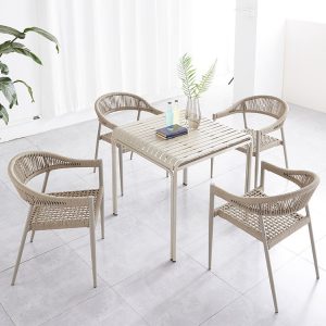 Bộ bàn ghế ngoài trời 4 ghế 1 bàn, đan dây tròn, phong cách tối giản, màu be nhạt