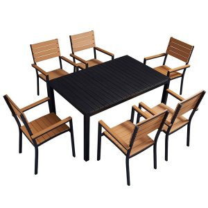 Bộ bàn ghế sân vườn 6 ghế 1 bàn chữ nhật, khung nhôm đen, mặt bàn và ghế màu gỗ