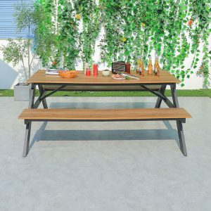Bộ bàn ghế sân vườn dài, khung nhôm sơn tĩnh điện, mặt bàn vân gỗ đẹp
