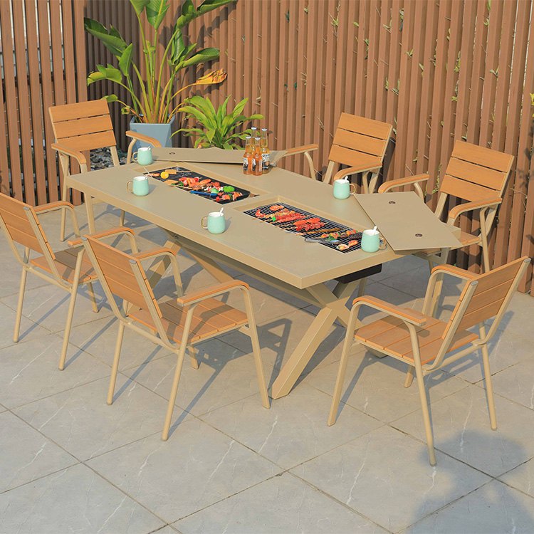 Bộ bàn ăn ngoài trời 6 ghế nhựa giả gỗ, bàn nhôm tích hợp bếp nướng BBQ sang trọng