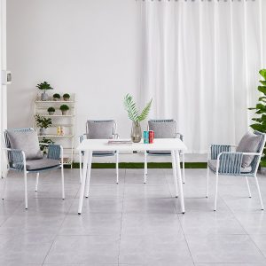 Bộ bàn ghế ngoài trời 6 ghế 1 bàn phong cách hiện đại, khung trắng, dây đan xanh ghi
